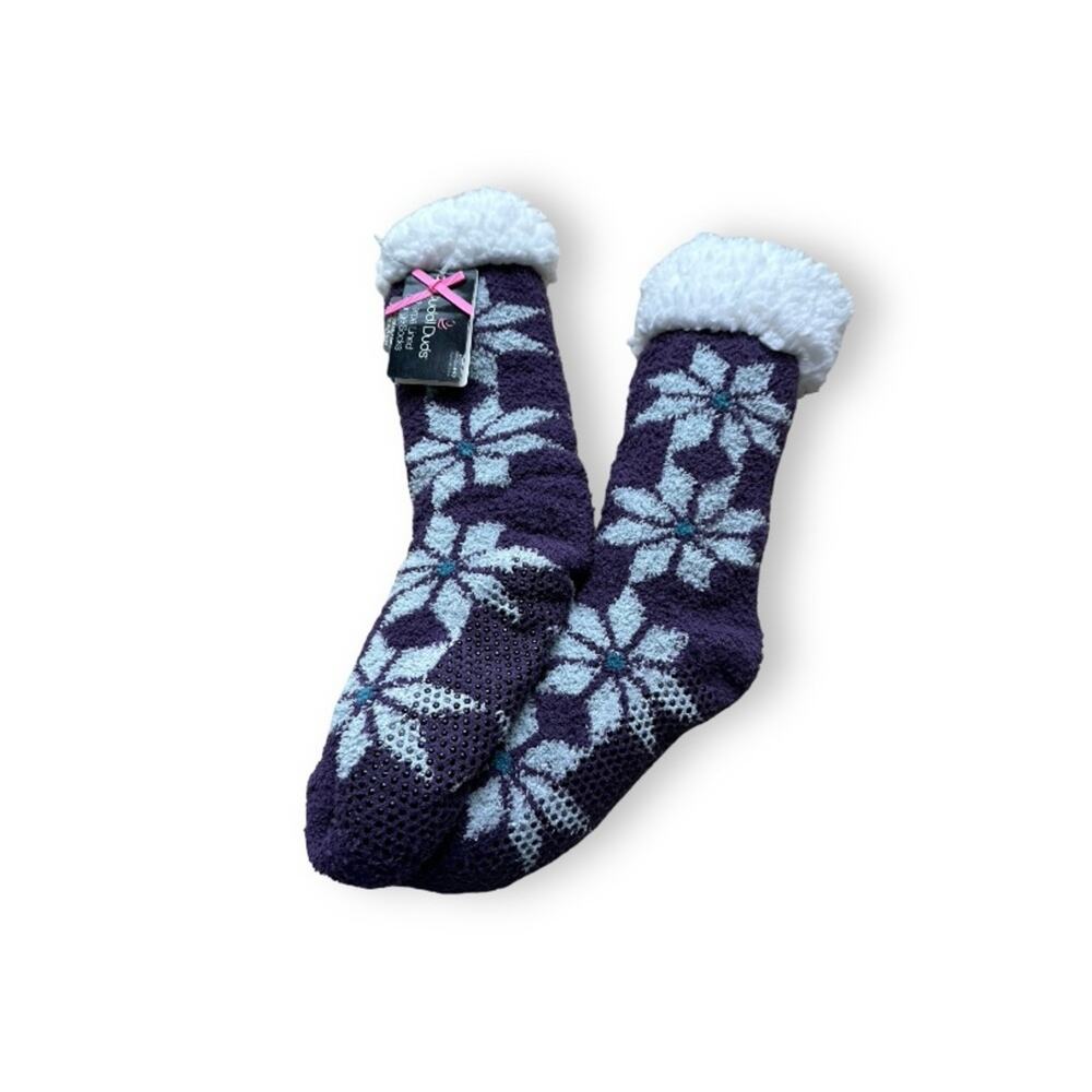Cuddl Duds Purple & White Fluffy Sherpa Lined Snowflake Floral Print Socks NEW